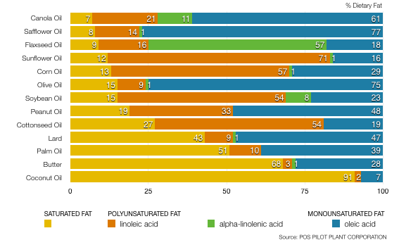 Monounsatured vs. Polyunsaturated vs. Saturated Fat Makeup of different oils