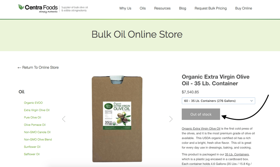 Out of stock item on online bulk oil store