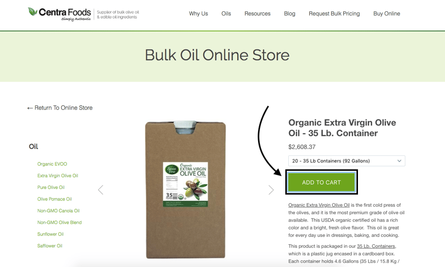 Add item to cart on online oil store - olive oil